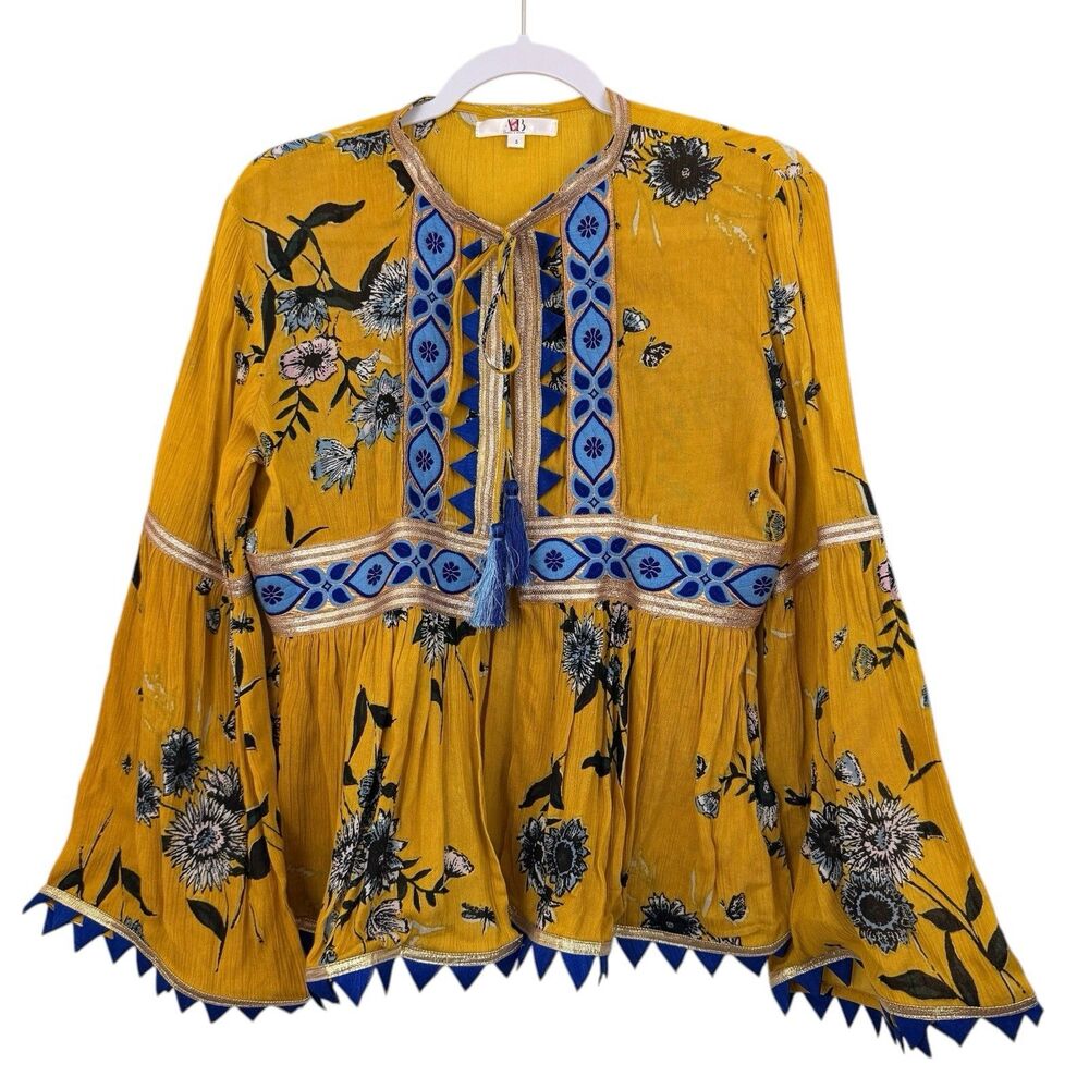 America & Beyond Yellow Floral Freesia Boho Chic Sz S Open Bell Sleeve Cardigan